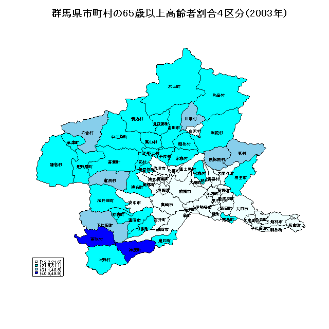 群馬県高齢者割合で区分した塗り分け地図